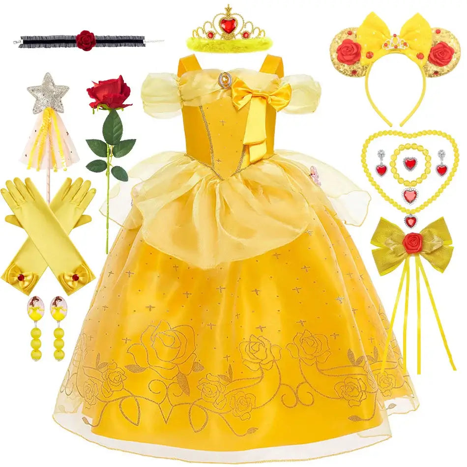 Princess Belle Cosplay Dress Disney Floral Off Shoulder Mesh Kid LED Light Halloween Costume Beauty and the Beast Birthday