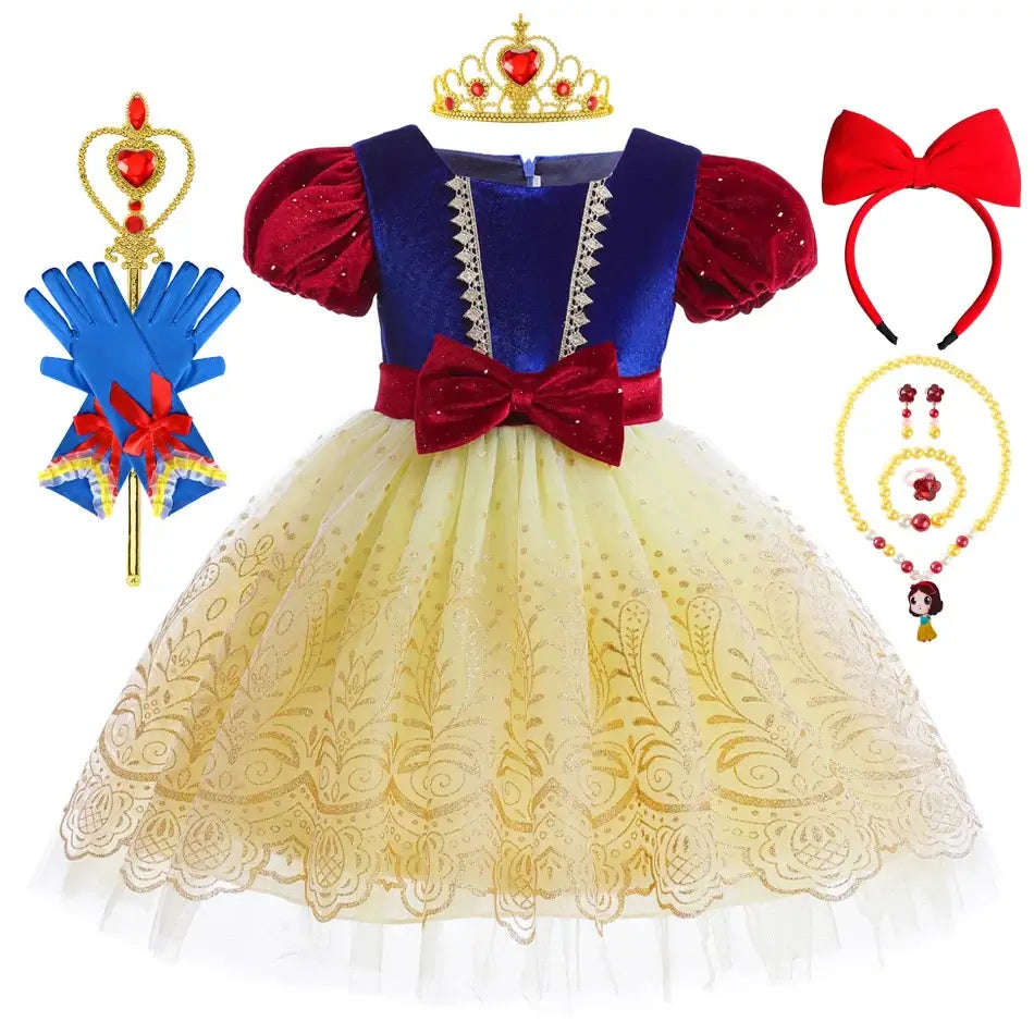 Snow White Costume for Kids Halloween Princess Cosplay Disguise Movie Birthday Party Clothing Girls Role Play Bowknot Dress