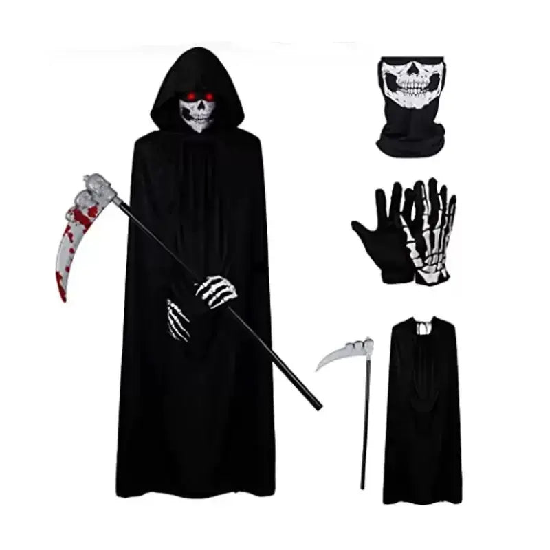 Halloween Costume Scary Grim Reaper Costume for Boys Kids Costume with Glowing Red Eyes With Gloves Mask