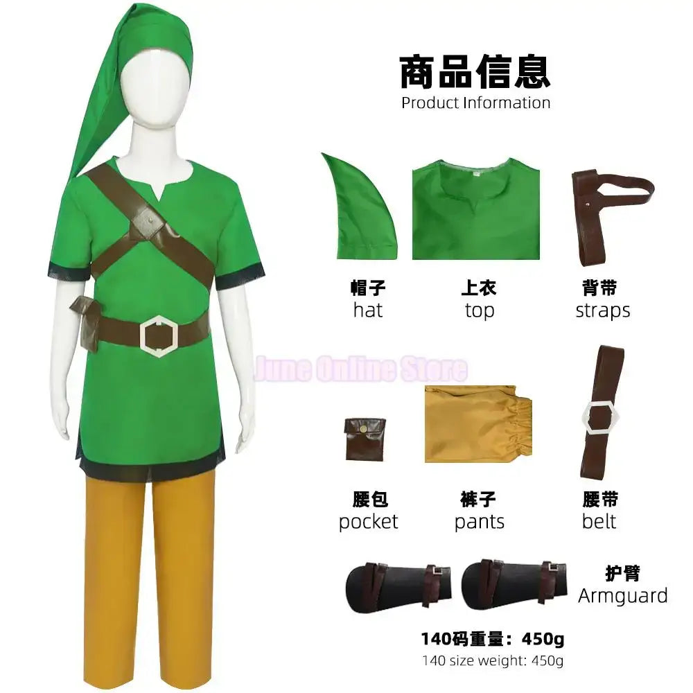 Cosplay Skyward Sword Link Cosplay Costume Green Uniform Pants Hat Gloves Cloak Children Clothes Outfits Halloween Suit