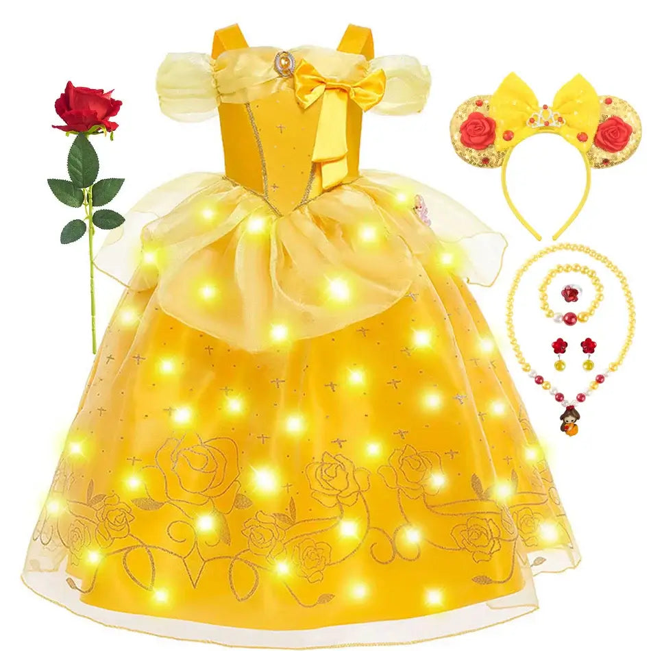 Princess Belle Cosplay Dress Disney Floral Off Shoulder Mesh Kid LED Light Halloween Costume Beauty and the Beast Birthday